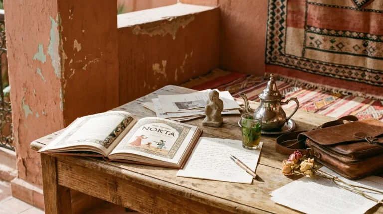 Interprétation éditoriale du livre Nokta de Mahi Binebine dans une ambiance littéraire marrakchie